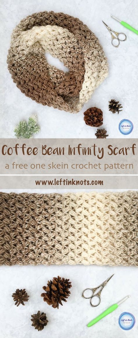 This free crochet pattern uses the cloud-like texture of Lion Brand Scarfie yarn combined with the bean stitch to make the most beautiful and comfortable infinity scarf.  The Coffee Bean Infinity Scarf takes just one skein of Lion Brand Scarfie yarn and will be a perfect addition to your last-minute gift list this holiday season!  This is the third free crochet pattern of my Seven Days of Scarfie pattern collection. #crochet #freecrochetpatterns #infinityscarf Lion Brand Scarfie Yarn, Scarfie Yarn, Free Form Crochet, Infinity Scarfs, One Skein Crochet, Crochet Cowls, Bean Stitch, شال كروشيه, Crochet Stitches Free