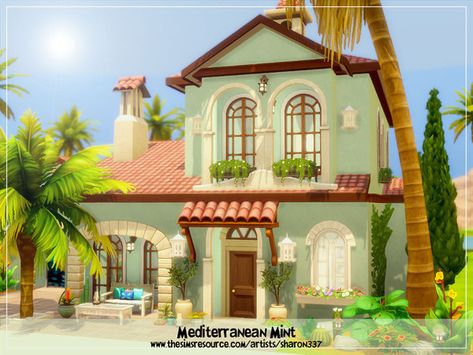 sharon337's Mediterranean Mint - Nocc House Sims 4, The Sims 4 Lots, Mediterranean Mansion, Sims 4 House Plans, Sims 4 House Building, Mediterranean Style Homes, Hairstyle Tutorials, Sims 4 House Design, Casas The Sims 4