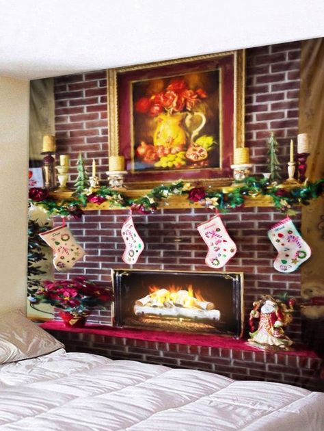 Christmas Brick Fireplace, Flat Fireplace, Candle Fireplace, Picnic Table Cloth, Cheap Wall Tapestries, Cheap Wall Art, Candles In Fireplace, Tapestry Wall Art, Tapestry Art