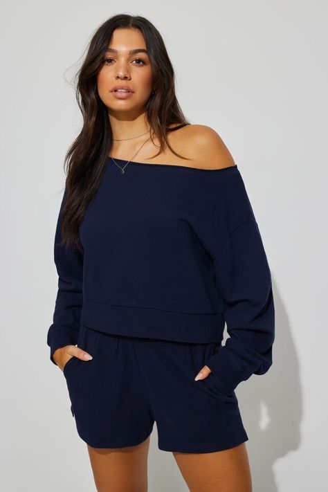 SoftTerry Off Shoulder Sweatshirt, Mariana Blue Garage Clothes, Cabin Fits, Coffee Shop Barista, Off The Shoulder Top Outfit, Off Shoulder Sweatshirt, Rich Navy Blue, Garage Clothing, Colors For Skin Tone, College Fits