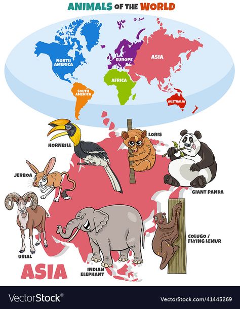 World Map With Continents, Geography Kids, Asian Animals, World Map Continents, Map Mural, World Map Mural, Wild Animals Vector, Baby Jungle Animals, Asian Continent