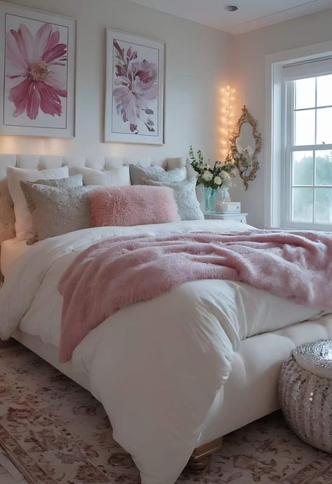 White And Pink Bedroom Ideas Cozy, Bedroom With Pops Of Pink, White Bed With Pink Accents, Pink Bed Sheets Bedroom Ideas, Pink Bed Inspiration, Cute Room Ideas Pink And White, Pink Inspired Bedroom, White Bedroom Pink Accents, Bed Inspo Pink