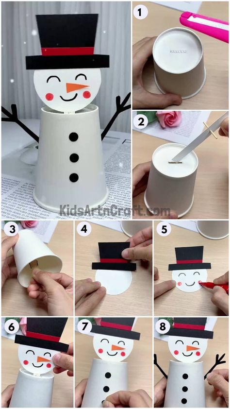 DIY Snowman Paper Cup Craft Tutorial For Kids - Kids Art & Craft Paper Cup Snowman Crafts, Snowman Cup Craft, Paper Cup Christmas Crafts, Crafts With Paper Cups, Paper Cup Snowman, Paper Cup Crafts For Kids, Cup Crafts For Kids, Snowman Diy Crafts, Snowman Crafts For Kids