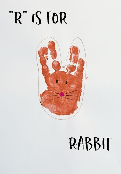 R Is For Rabbit Handprint, Rabbit Handprint Craft, R Is For Rabbit Craft, F Is For Handprint Craft, Letter Handprint Craft, R Handprint Craft, G Is For Handprint Craft, Hand Paint Abc Book, Letter R Arts And Crafts For Preschool