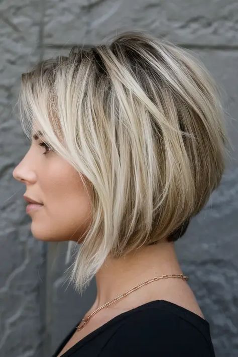 20 Choppy Bob Haircuts for 2025: Best Ideas for Fine, Thick, and Medium-Length Hair with Bangs Bob Angled Haircut, Back Of A Bob Haircut, Short In Back Long In Front Bob, Blonde Angled Bob Short, Below Chin Bob Haircuts, Hair Styles Round Face Over 50, Angle Bob With Bangs, Short A Line Haircut With Layers, Short In Back Longer In Front Haircuts