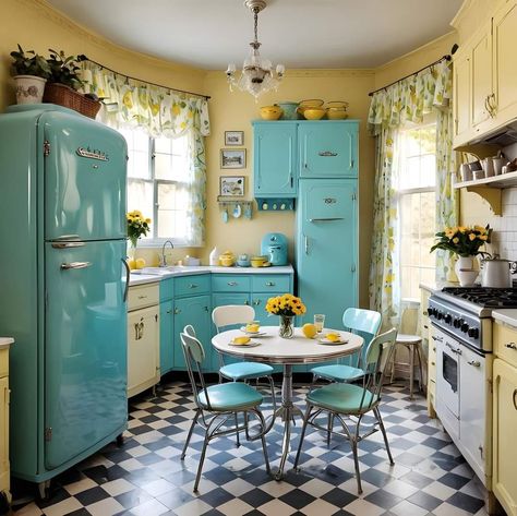 Farmhouse Blue Decor, 50s Painting, 50s Diner Kitchen, Travel Wagon, 1950 Kitchen, Kitchen Teal, 50s House, Sims 4 Interior, Farmhouse Blue