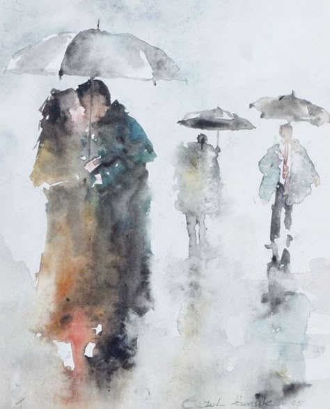 Drawing Rain, Couple Drawing, Umbrella Art, People Walking, Watercolour Inspiration, Painting People, Watercolor Painting Techniques, Watercolor Sketch, Watercolor Inspiration