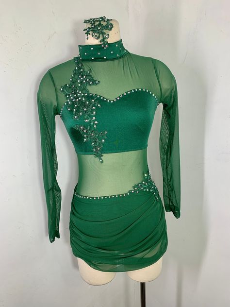 Contemporary dance Costume, lyrical  dance costume, dance costume, competition Dance Costume,  teal dance costume, custom leotard     Contemporary Dance costume ,Forest green custom leotard, one of Our best selling costumes can be custom ordered in any color or size.   **This version has additional Appliques and therefore stones and a lower back elastic strap with appliqué and matching hairpiece  Can add additional Swarovski rhinestones separately to your order  Gorgeous in this color way but ca Dance Duet Costumes, Green Contemporary Costume, Sage Green Dance Costume, Emerald Green Dance Costume, Snake Dance Costume, Green Contemporary Dance Costumes, Dark Green Dance Costume, Dance Costumes Green, Green Lyrical Dance Costumes