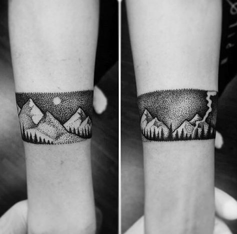 Banded Nature Scene Mountain Tattoo For Forearm On Man Mountain Arm Band Tattoo, Nature Band Tattoo, Bracelet Tattoo For Man, Tattoo Band, Christian Sleeve Tattoo, Travel Tattoos, Armband Tattoos, Mom Tattoo, Tattoo Inspiration Men