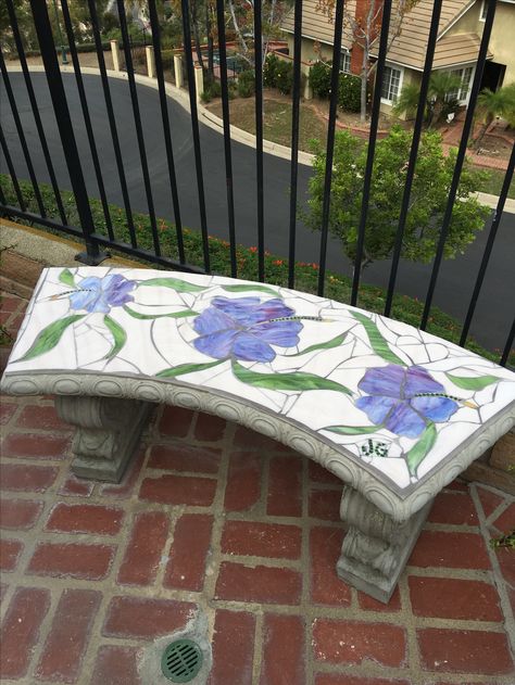 Tile Outdoor Bench, Mosaic Benches Gardens, Mosaic Chair, Bright Coloured Garden Bench, Mosaic Bench, Butterfly Garden Bench, Cement Bench, Mosaic Outdoor Table, Mosaic Guitar