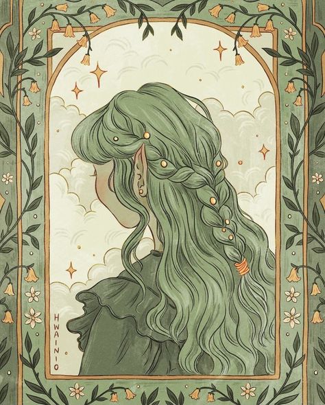 fantasy dungeons and dragons dnd d&d elf | green elf | fantasy art | wall decor | dorky decorations | By Hanna Waino @ hwaino on IG Drawing Braids, Elf Drawings, Dnd Elves, Elves Fantasy, Forest Elf, Elf Art, Art Fantasy, Anime Wall Art, Fantasy Aesthetic