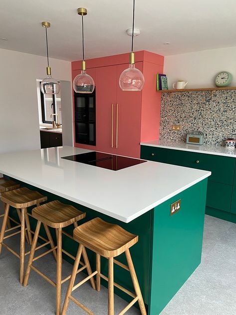 1930s House Extension Kitchens, Kitchen Diner Renovations, Colourful Kitchen Cupboards, Upcycle Kitchen Cupboards, Kitchen Diner Colours, Colourful Kitchen Island, Bold Colour Kitchen, Colourful Kitchen Diner, Colourful Kitchens Ideas