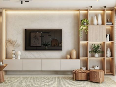 Tv Room Japandi, Cabinet Tv Design, Tv Walls Modern, Tv Rack Ideas, Interior Tv Wall Design, Living Room Side Wall, Accent Wall Living Room With Tv, Sala Tv Moderna, Living Tv Unit