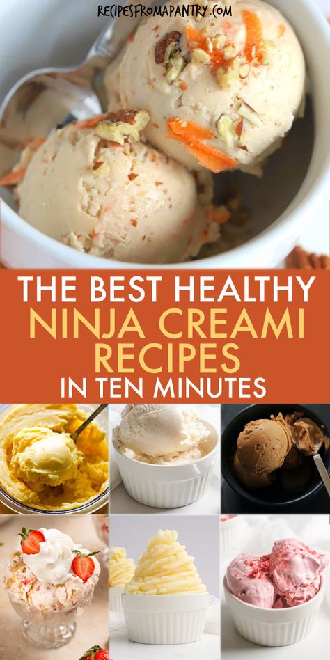 The Ninja Creami lets you easily whip up frozen desserts like homemade healthy Ninja Creami recipes in a matter of minutes. Start with this collection of the sugar free ice creams which Includes low carb, sugar free, keto, low calorie, dairy free options, high protein ninja creami recipes, ninja creami ice cream recipes, smoothie bowl, and sorbets for a guilt free treat with something for everyone. Get the healthier Ninja Creami Recipes!! #ninjacreami #icecream #protein Frozen Yogurt Ninja Cremi, Ninja Creamy Keto Recipes, Ninja Bowl Recipes, High Protein Low Sugar Ninja Creami Recipes, Ninja Creamy Vegan Protein Ice Cream, Ninja Dairy Free Ice Cream Recipes, Best Ninja Creami Recipes Protein, High Protein Ninja Cremi Recipes, Ninja Creamini Protein