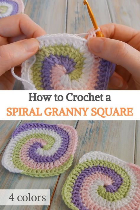 I show you how to weave a spiral granny square using four colors. To do this in two colors, just follow the same pattern but use two strands in one color and two strands in your other color. The order in which you place them will create different effects! Sometimes we just need something different when it comes to knitting granny squares, it's very easy to knit once you start, and you can make it as big as you want if you follow the math. #urbakicrochet #crochet #grannysquare #freepatterns Crochet A Spiral, Spiral Granny Square, Spiral Crochet Pattern, Crochet Spiral, Diy Tricot, Spiral Crochet, Granny Square Crochet Patterns Free, Crochet Granny Square Blanket, Crochet Granny Square