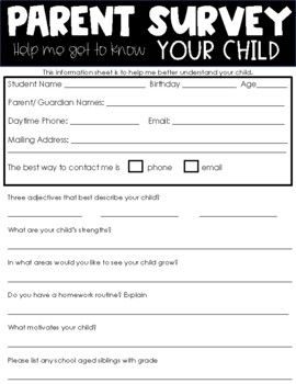 Use this Parent Survey for Beginning of Year to get to know your new class a whole lot better! This survey is quick & easy for parents to fill out!  This Survey for Parents from Teacher will help you get to know your students before the school year even starts! Use at Open House, Parent Night or the first day of school. A great resource to refer back to throughout the year Back To School Night Ideas For Teachers Open House, Parent Survey Preschool, Parent Questionnaire Elementary, Parent Survey Beginning Of The Year, Student Interest Survey Kindergarten, Back To School Survey, Open House Forms For Parents, Getting To Know Your Child Parent Survey, Student Interest Survey High School