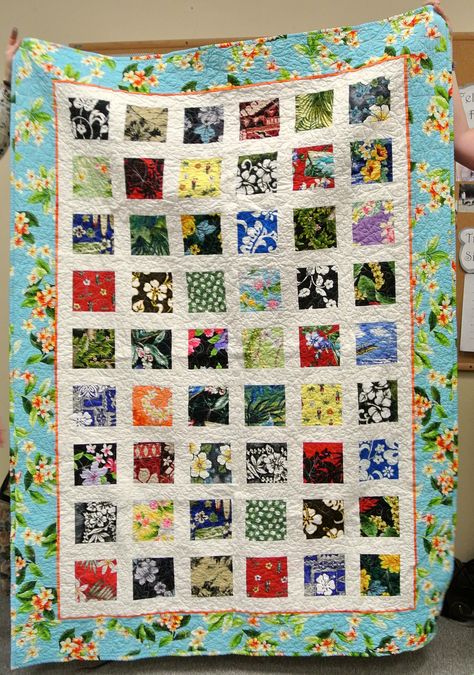 Hawaiian Shirt Quilt, Hawaiian Fabric Quilt, Hawaiian Applique Quilt, Tropical Quilts, Hawaii Quilt, Hawaiian Quilt Patterns, Squares Quilt, Fun Quilts, Charm Pack Quilts