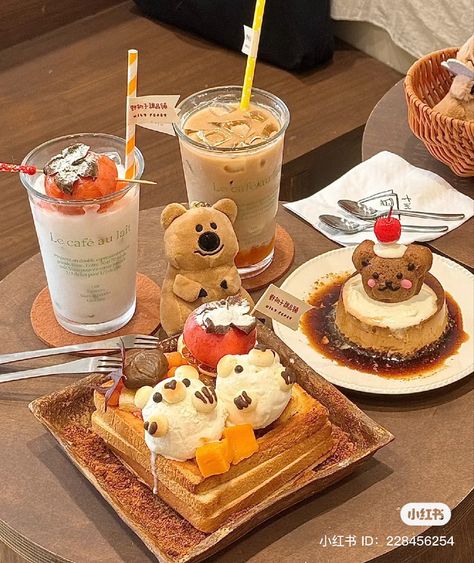 xiaohongshu coffee flan bear cake cherry persimmon fruit mango melon french toast sugar cinnamon whipped cream milk cookie biscuit chocolate iced latte Coffee Flan, Cinnamon Whipped Cream, Cake Cherry, Persimmon Fruit, Fruit Mango, Cookie Recipes Homemade, Kawaii Cooking, Bear Cake, Food Basket