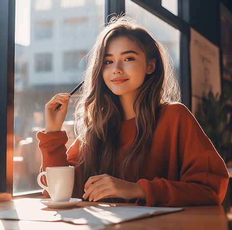 girl with oprn hair and drinkng coffee Coffee Portrait Photography, Portrait With Coffee, Coffee Shop Portrait Photo Ideas, Drinking Coffee Pose Drawing, Drinking Coffee Pose, Person Drinking Coffee Reference, Coffee Pose, Cafe Reference, Woman In Cafe Photography