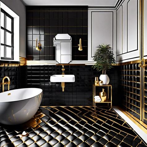 30 Black and Gold Bathroom Ideas for a Stylish Design Black And Gold Bathroom Ideas, Black Home Aesthetic, Gold Bathroom Ideas, Aesthetic Bath, Black And Gold Bathroom, Bathroom Design Black, Art Deco Bedroom, Home Building Tips, Deco Bedroom