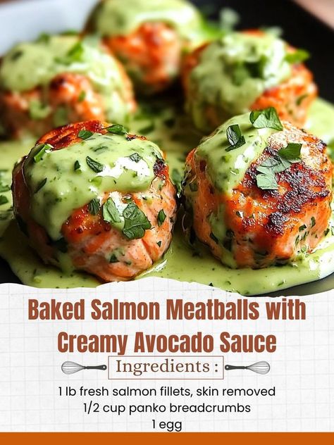 Salmon Meatballs Recipes, Salmon Balls, Salmon Meatballs, Creamy Avocado Sauce, Oven Baked Salmon, Fresh Salmon, Salmon Skin, Salmon Avocado, Avocado Sauce