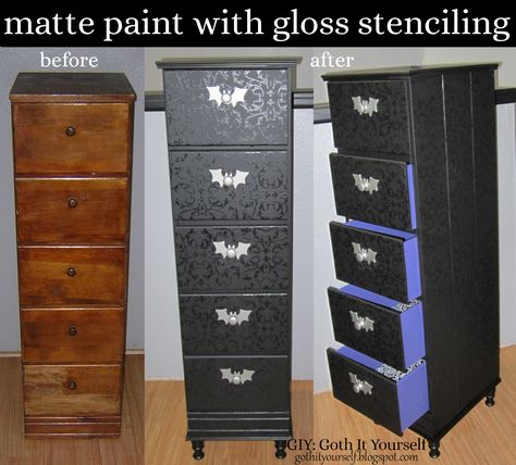 GIY: Goth It Yourself: Black Matte with Gloss Stenciling on Chest of Drawers Goth Bedrooms Ideas, Goth Dresser Diy, Gothic Dresser Diy, Gothic Crafts Diy, Gothic Bedroom Diy, Gothic Dresser, Gothic Furniture Diy, Goth It Yourself, Goth Diy Decor