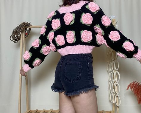 Jumbo Rose Cardigan - Crochet Floral Garden Jacket, Long Sleeve Fashionable Gift for Women, Crochet Rose Pattern To Rose Crochet Cardigan, Crochet Cozy Cardigan, Kawaii Crochet Cardigan, Crochet Coat Pattern, Cardigan Rosa, Long Sleeve Crochet, Crochet Garden, Quick Crochet Patterns, Sleeve Crochet