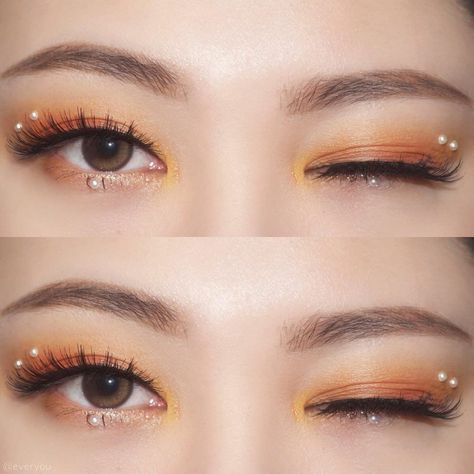 Korean Yellow Makeup, Korean Orange Makeup, Orange Douyin Makeup, Orange Makeup Aesthetic, Yellow Makeup Ideas, Orange Eyeshadow Looks, Orange Eye Makeup, Yellow Eye Makeup, Maquillage Yeux Cut Crease