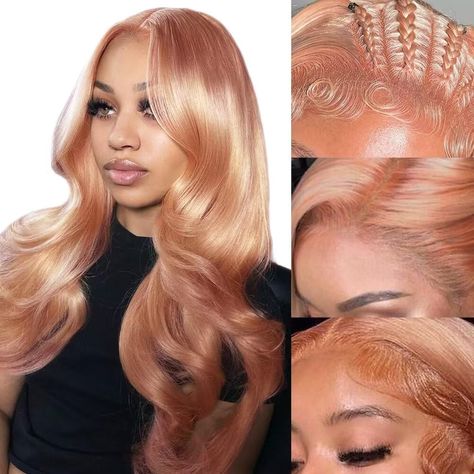 Peachy Blonde, Curly Hair Sew In, Cotton Candy Pink Hair, Gold Wigs, Body Wave Lace Front Wig, Pink Blonde, Pink Blonde Hair, Creative Hair Color, Peach Hair