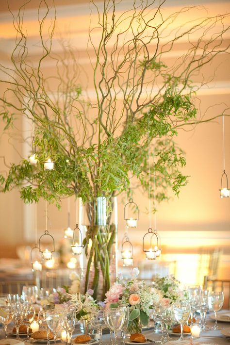 Vine Centerpieces with Hanging Votive Candles Vine Centerpieces, Oheka Castle Wedding, Tree Branch Centerpieces, Branch Centerpieces Wedding, Branch Centerpieces, Oheka Castle, Tall Centerpieces, Hanging Candles, Table Scapes