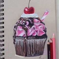 Realistic Cupcake Drawing, Cupcakes Art Drawing, Colorpencils Drawing, Colored Pencil Artwork Ideas, Chocolate Drawing, Cherry Drawing, Disney Pop Art, Desserts Drawing, Colored Pencil Art Projects