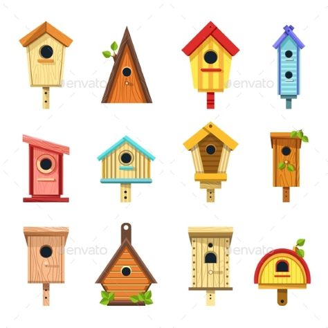 Wooden Birdhouses of Creative Design To Hang on by Sonulkaster | GraphicRiver Hanging Birdbath, Modern Bird Feeders, Wooden Bird Feeders, Homemade Bird Houses, Bird Houses Ideas Diy, Garden Birdhouses, Wooden Bird Houses, Bird House Plans, Bird Houses Painted