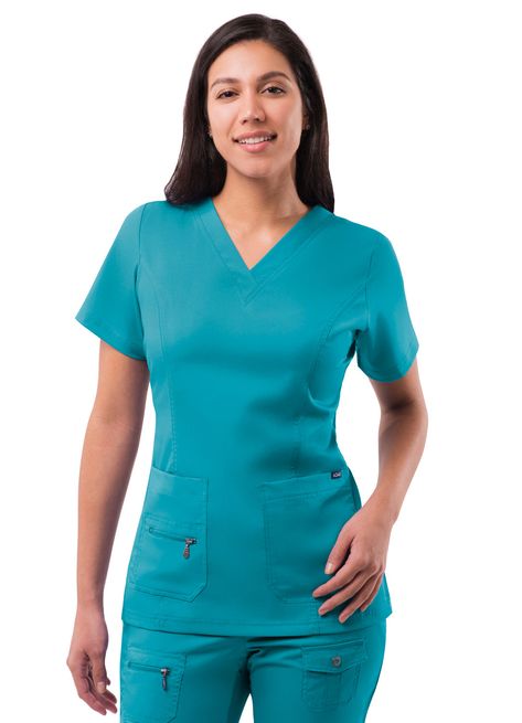 ADAR 4400 - PRO Womens Breakthrough Plus Scrub Set Sizes: XXS - 3XL Fabric: Performance Twill 74% Polyester, 23% Rayon, 3% Spandex FEATURESOdor-ResistantSuper Soft Stretch FabricEasy CareWrinkle Resistant4212 - V-neck Scrub Top Tailored Fit Elevated double stitched V neckline Curved princess seaming on front and back Double stitched seams 3 Pockets: 2 Shaped front patch pockets, 1 additional zipped pockets Tagless neck for comfort Side vents for easy movement and comfortable fit Stretch fabric f Scrubs Uniform, Fashion Mask, Scrub Sets, Princess Seam, Scrub Tops, Basic Style, Scrubs, Nursing, Stretch Fabric