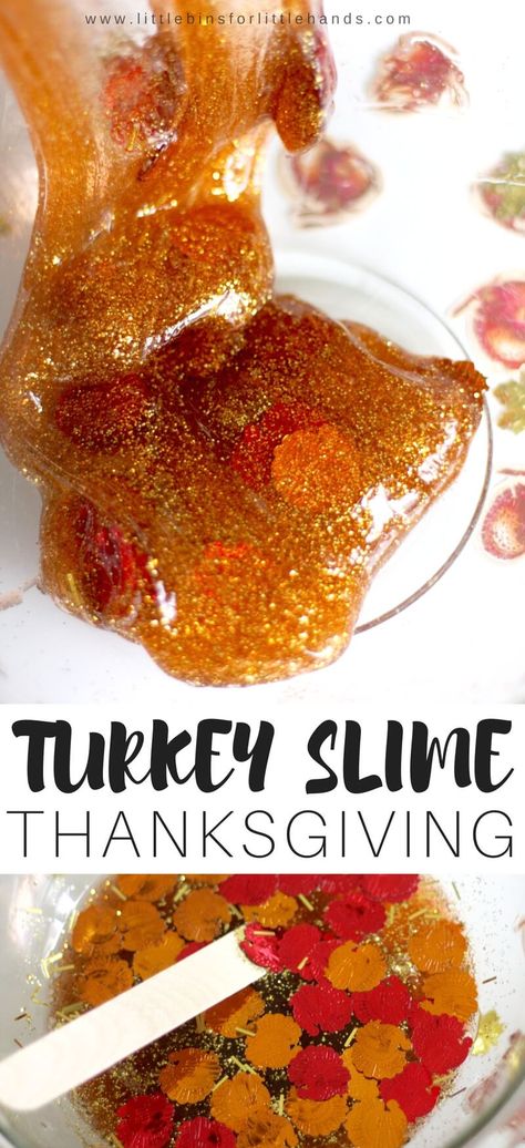 Totally Turkey Thanksgiving Slime Recipe with Fun Confetti! Thanksgiving Slime For Kids, Thanksgiving Recipes For Kids To Make, Thanksgiving Slime, Pumpkin Spice Slime, Edible Pumpkin Slime, Honey Slime, Fluffy Pumpkin Slime, Borax Slime Recipe, Homemade Slime Recipe