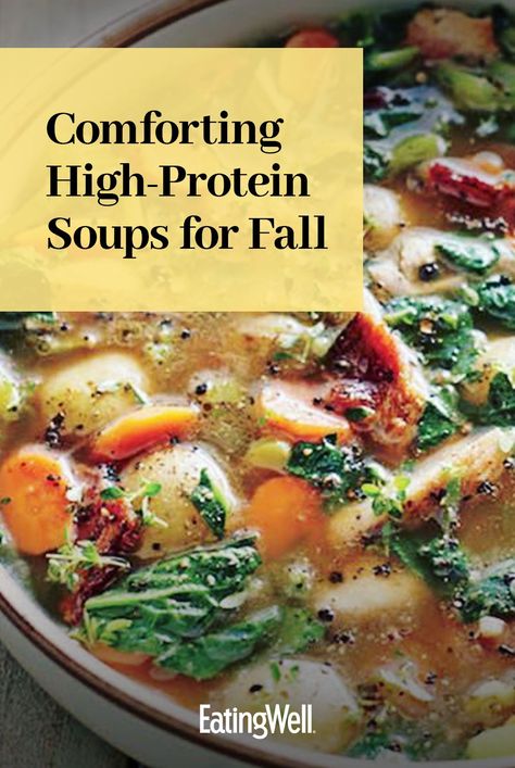 A cozy, filling and nutritious bowl of seasonal ingredients is waiting for you in this collection of delicious, high-protein soup recipes. Try our Slow-Cooker Bean, Kale & Barley Soup and Spicy Coconut, Chicken & Mushroom Soup for a cozy, filling and nutritious bowl of autumn for dinner.  #soups#chili#stews#souprecipes#healthysoup#healthyrecipes#comfortfood Lunch Soup Ideas Healthy, Delicious Healthy Soup Recipes, Healthy Cozy Soup, Barley Bean Soup, High Protein Soups Recipes, Winter Soups And Stews Instant Pot, Healthy Soups High Protein, Herb Soup Recipes, Barley Chicken Soup