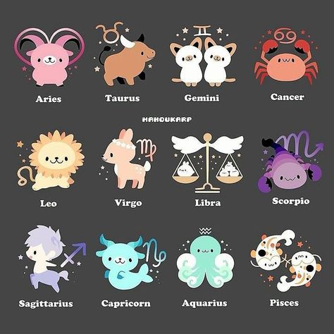 Zodiac Signs Characters, Cute Animal Character Design, Zodiac Drawings, Kawaii Zodiac, Zodiac Wallpaper, Zodiac Signs Animals, Ewolucje Eevee, Cute Zodiac, Zodiac Signs Pictures