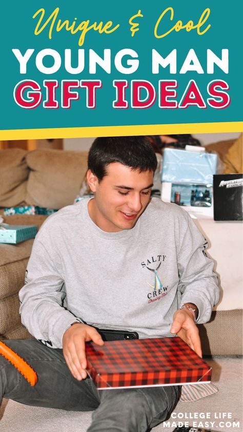 Unique and cool young man gift ideas, smiling young guy in his early 20's sitting with a Christmas gift in his lap ready to be opened Christmas Gifts For Young Adult Man, College Gift Ideas For Guys, Gifts For Nerdy Guys, College Guy Christmas Gifts, Young Men Gifts, Gifts For Young Men Christmas, Christmas Gifts For Adult Son, Christmas Gifts For Young Men, Gifts For Young Adult Men