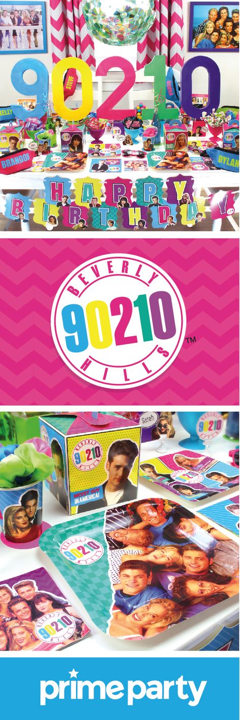 Go back to 1993 with our 90210 party kit. Perfect for 30th, 40th, 50th birthday party celebrations.  All of our 90210 theme party decorations are made for the most resourceful party arrangers and delivered with care by the Prime Party family. Party features most of the season 1 cast including; Dylan McKay, Brandon Walsh, Brenda Walsh, Kelly Taylor, Steve Sanders, Andrea Zuckerman, Donna Martin, David Silver, & more. Check out the the collection of 90210 party supplies at PrimeParty.com 90210 Party Theme, Andrea Zuckerman, Beverly Hills Party, Prime Party, Dylan Mckay, Brandon Walsh, Brenda Walsh, Kelly Taylor, 90s Birthday