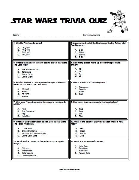 Free Printable Star Wars Trivia Quiz. Print the new Free Printable Star Wars Trivia Quiz and use for your next Star Wars party or just to have fun. Before you watch the next movie find out how much you know about Star Wars. Share wit your friends this trivia from Star Wars movies, Star Wars characters, like Star Wars the Star Wars Colouring, May The 4th Party, Star Wars Quiz, Free Printable Star Wars, Star Wars Snacks, Star Wars Activities, Star Wars Themed Birthday Party, Star Wars Projects, Family Time Activities