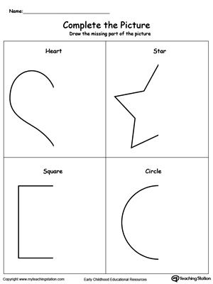 Complete the Picture: Draw a Heart, Star, Square and Circle: Reinforce your child's fine motor skills and shape recognition with this printable worksheet. Star Shape Worksheets For Preschool, Tracing Hearts Free Printable, Star Tracing Worksheet, Circle And Triangle Worksheet, Heart Shape Tracing Worksheet, Complete The Drawing, Complete The Heart, Circle Worksheet, Grade R Worksheets