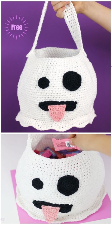 Cute Ghost Crochet Bag for Halloween By Persialou Crochet Emoji, Emoji Ghost, Free Halloween Crochet, Ghost Crochet, Ghost Bag, Crochet Ghost, Crochet Shell Stitch, Crochet Halloween, Halloween Crochet Patterns