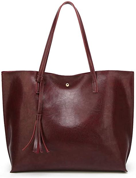 Amazon.com: Women's Soft Faux Leather Tote Shoulder Bag from Dreubea, Big Capacity Tassel Handbag Dark Red New Style : Clothing, Shoes & Jewelry Types Of Bags For Women, Handbag School, Mom Purses, Kavu Rope Bag, Big Handbags, Soft Leather Tote, Waterproof Tote, Red Leather Handbags, Bags Cute