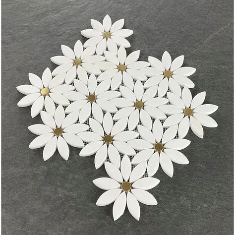 ES Stone 4" x 4" Thassos White Marble & Gold Metal Mosaic Wall & Floor Tile | Wayfair Bathroom Tile Gold Accents, White And Gold Bathroom Floor Tile, Hex Mosaic Tile Bathroom, Daisy Tile Bathroom, Daisy Bathroom Ideas, Flower Backsplash Kitchen, Flower Tile Bathroom, Flower Tile Backsplash, Gold Tile Backsplash