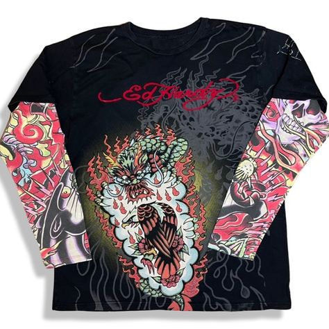 Rare Vintage Y2K Ed Hardy Tattoo Sleeve Shirt SIZE:XL Ed Hardy Outfit, Ed Hardy Designs, Ed Hardy Tattoos, Oversized Shirt Outfit, Fake Tattoo Sleeves, Y2k Ed Hardy, Dope Fits, Cream Shirt, Fire Fits