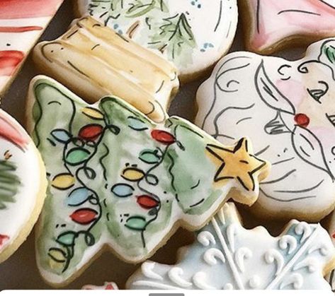 Painted Christmas Cookies, Watercolor Christmas Cookies, Cookie Watercolor, Painting Cookies, Fancy Sugar Cookies, Dream Cookies, Iced Christmas Cookies, Painted Sugar Cookies, Christmas Cutout Cookies