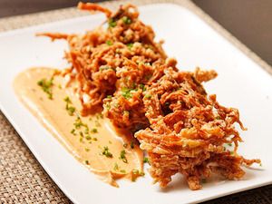 And now for something completely different: Crispy Enoki and Onion Fritters with Thai Curry Mayo | Serious Eats: Recipes - Mobile Beta!" Curry Mayo, Onion Fritters, Enoki Mushrooms, Mayo Recipe, Airfryer Recipes, Asian Inspiration, Thai Curry, Fried Vegetables, Serious Eats