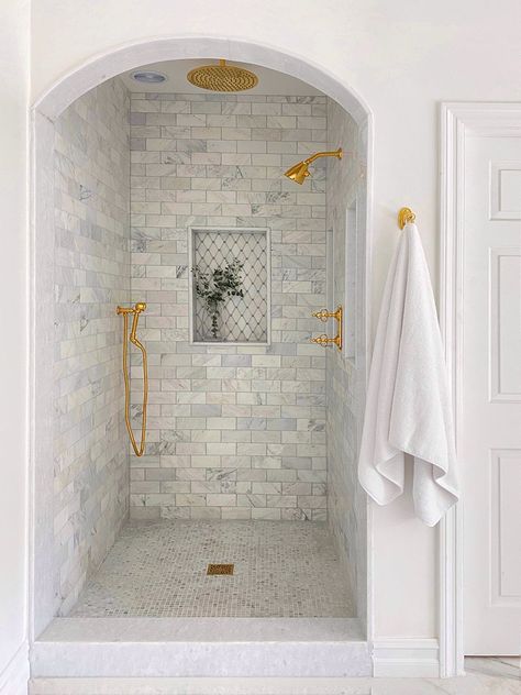 As you can see  creating an effective scheme isn't quite as simple as it seems. There are numerous options  but it will require a significant amount of thought and creativity to find the right combinations. Shower No Glass Door, Bathrooms With Marble Tile, Bathroom With Arches, Marble Style Bathroom, Arch In Bathroom, French Country Shower Tile, Small Shower Renovation, Bathroom With Stand Up Shower Only, Small Marble Tile Bathroom