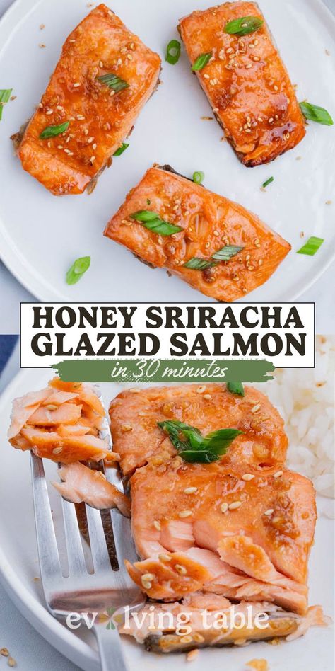 This Honey Sriracha Salmon recipe is a sweet and spicy dinnertime show-stopper! You can easily whip up a simple Asian-style marinade and then bake in the oven. Sriracha Salmon Recipes, Honey Sriracha Salmon, Sriracha Salmon, Easy Fish Recipes, Glazed Salmon, Salmon Recipe, Sriracha, Salmon Recipes, Sweet And Spicy