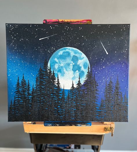 Moonscape acrylic painting on 16x20 inch canvas Night Time Tree Painting, Painting Ideas Moon Night Skies, Moon And Trees Painting, Moon Forest Painting, Paint Night Themes, Nighttime Paintings Easy, Painting Ideas On Canvas Moon, Moonscape Painting, Painting Ideas Night