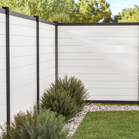 Non Wood Fence Ideas, Backyard Vinyl Fence Ideas, White And Black Fence, Modern White Fence Front Yard, Barrette Outdoor Living, Modern White Fence, White Modern Fence, White Backyard Fence, Modern Vinyl Fence